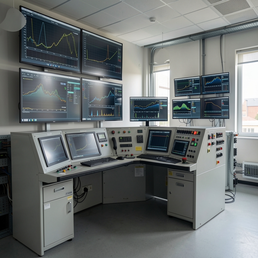 Sala de control energético con pantallas y paneles industriales sin personas